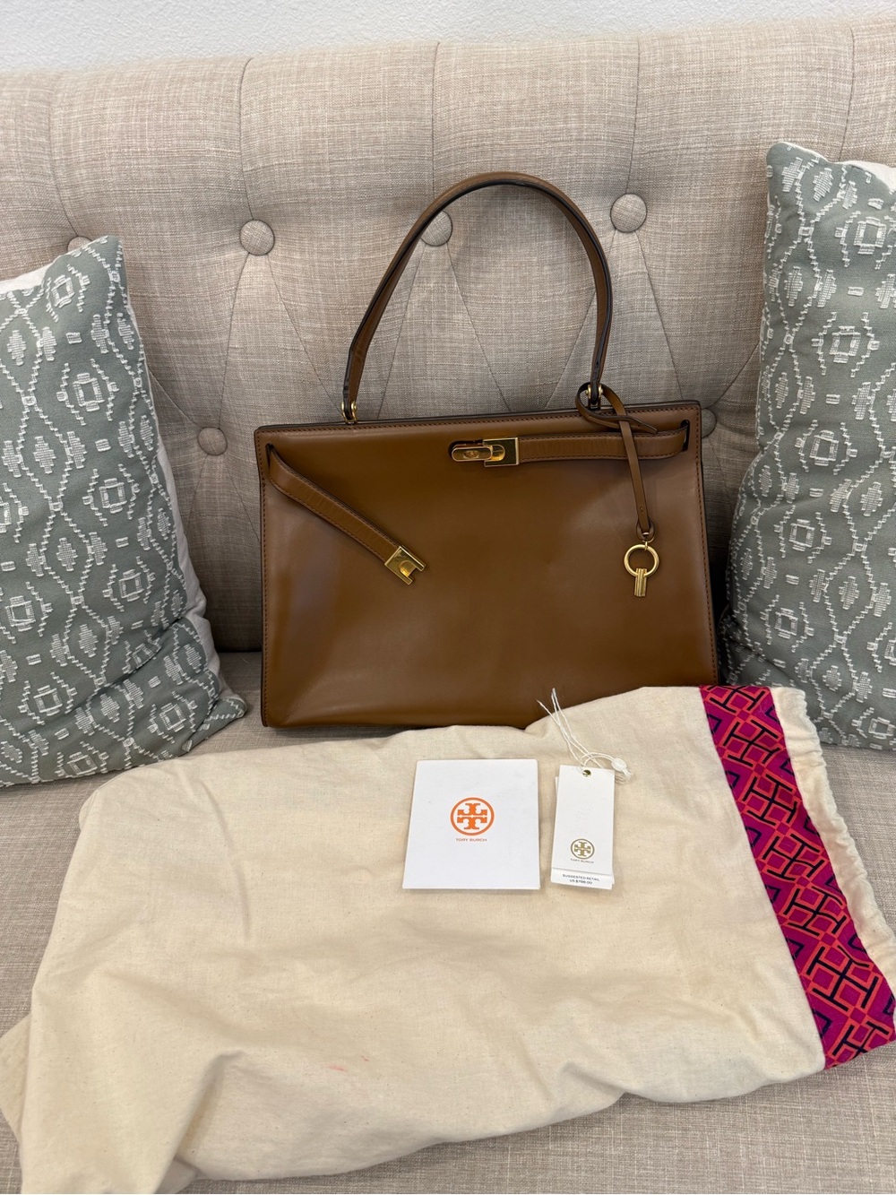 Tory Burch Lee Radziwill Leather Top Handle Satchel-Large in Moose w gold HW.